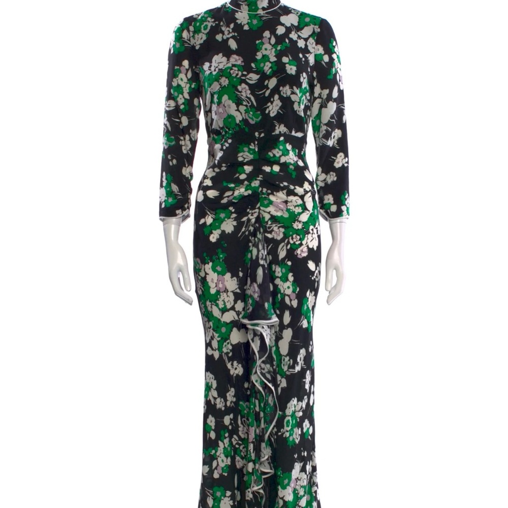 RIXO Black and Green Bodycon Dress with Mock Neck and Bishop Sleeves